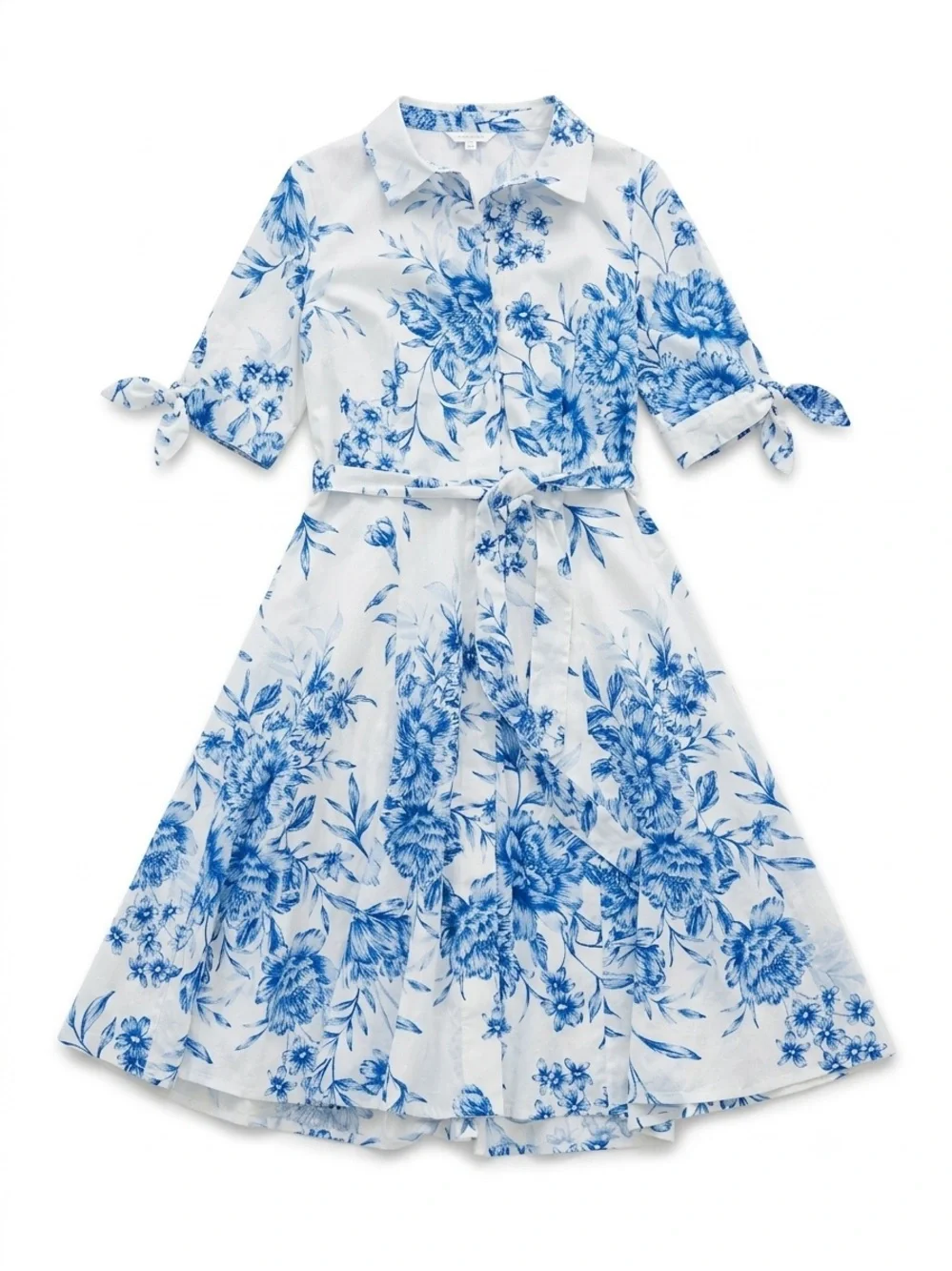 Calvin Klein Floral Cotton Midi Dress Blue White Belted Fit & Flare Size 10 NWT - Picture 9 of 15